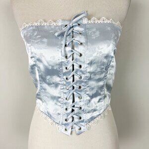Corset Blue Satin Lace Up Tank Top Lace Trim Boho Coquette Size Medium Women's